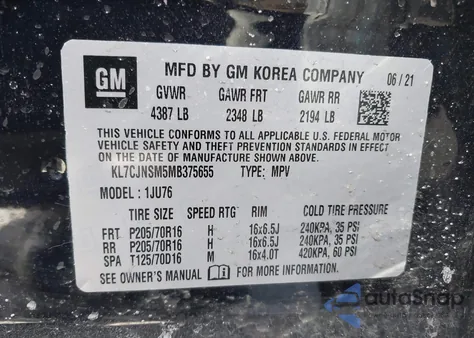 2021 Chevrolet Trax Awd Ls из США, поврежденный, VIN KL7CJNSM5MB375655